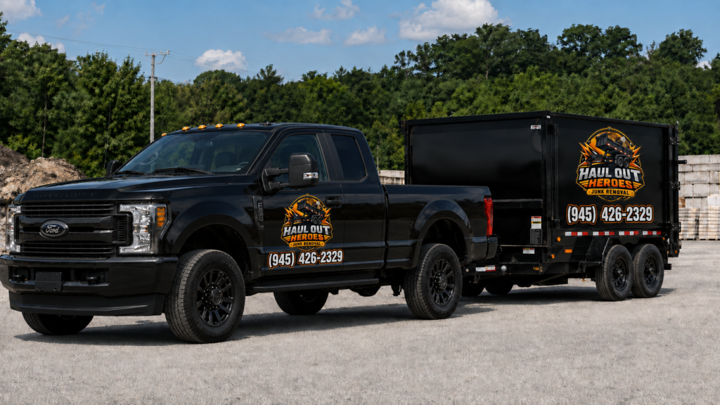 Haul Out Heroes junk removal truck and dump trailer serving Dallas-Fort Worth, Texas.